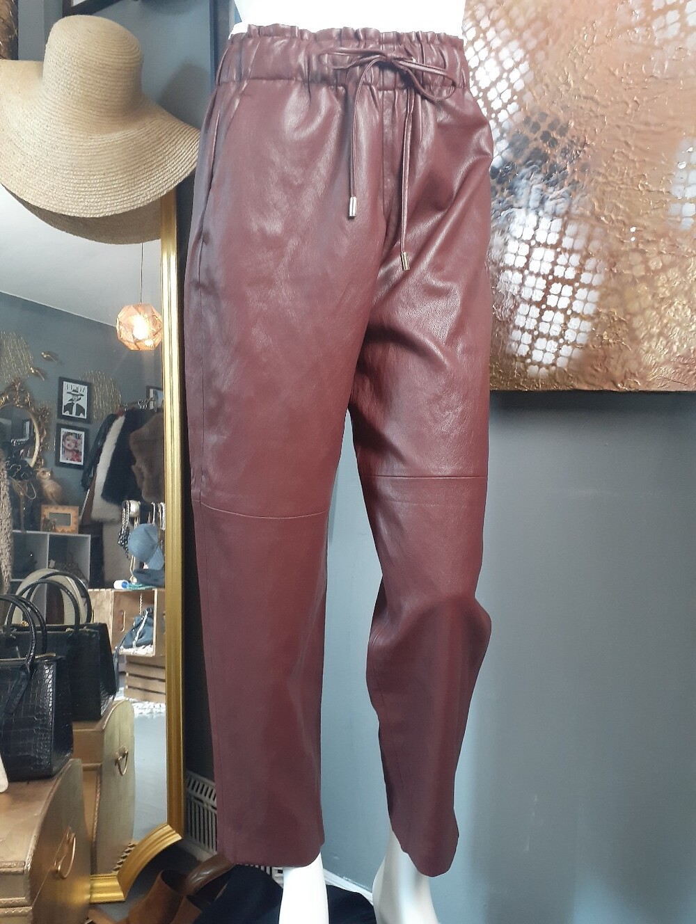 Zara Nwt Faux Leather Drawstring Jogger Pants - Deep Burgundy